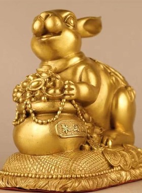 黄铜聚宝盆存钱罐兔子摆件生肖兔钱袋子兔家居办公室装饰工艺礼品