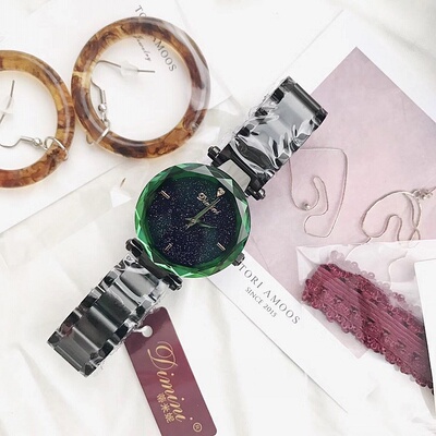 蒂米妮 新款女款 钢带 优雅大气腕表时尚绿色玻璃星空面女士手表