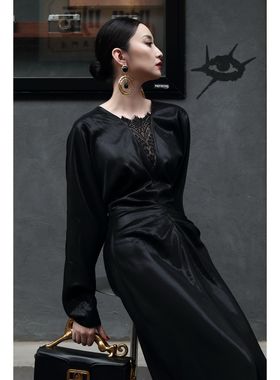 芈莱尤优-新款[夜芙蕖]黑色V领蕾丝连衣裙L25-5410