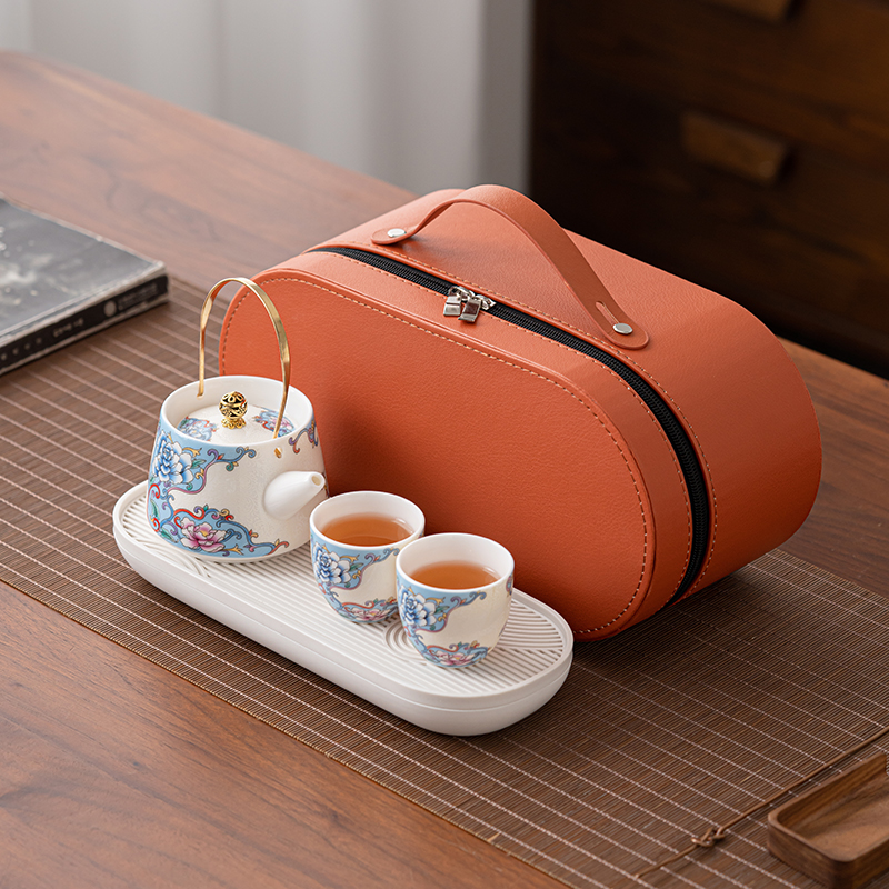 牡丹旅行茶具套装户外一壶两杯便携提梁壶泡茶器功夫茶具旅行包