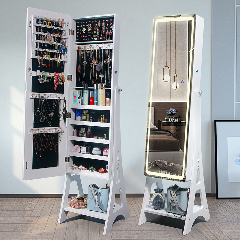实木首饰盒穿衣镜带挂镜落地收纳柜子卧室简约现代试衣镜全身镜子