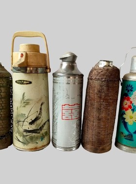 民俗老物件老式暖瓶水壶保温热水瓶壶绿色铁皮暖壶竹子老式压力