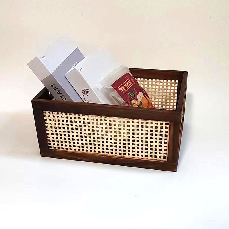 竹编实木质日式收纳盒桌面茶几收纳篮子烧色长方形复古零食收纳筐
