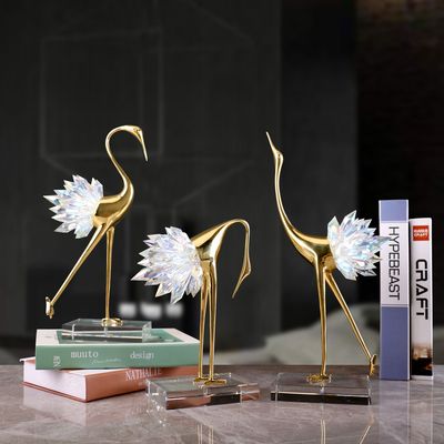 轻奢透明水晶仙鹤摆件金属水晶底座高档卧室玄关家居软装装饰品