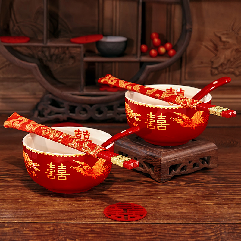 喜碗一对结婚对碗碗筷套装女方陪嫁红碗红色喜筷喜庆婚礼用品大全