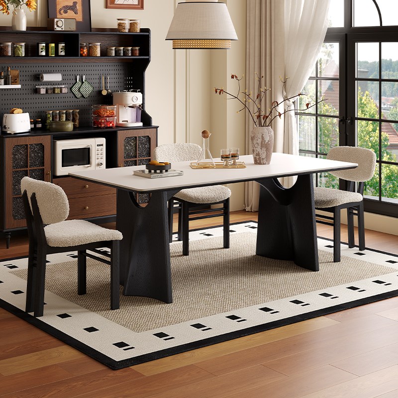 法式德利丰岩板餐桌椅洞石复v古风高端胡桃色家用黑色实木岩板餐