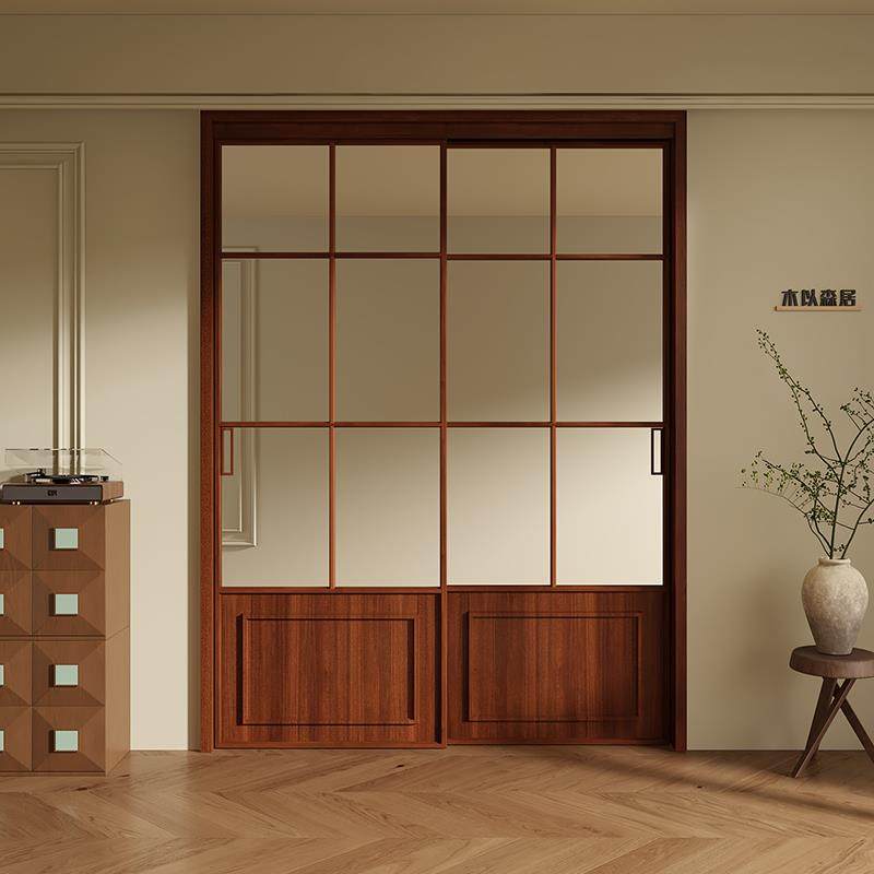 木以森居铝合金胡桃木色中古风吊轨双扇推拉门厨房书房吊滑移门