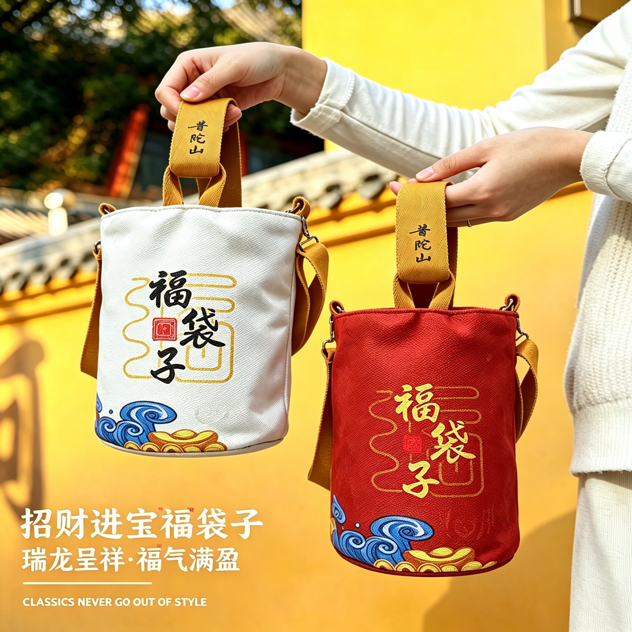 普陀山正品福袋子斜跨钱袋子水桶包手提袋发财收纳袋中式袋子旅游