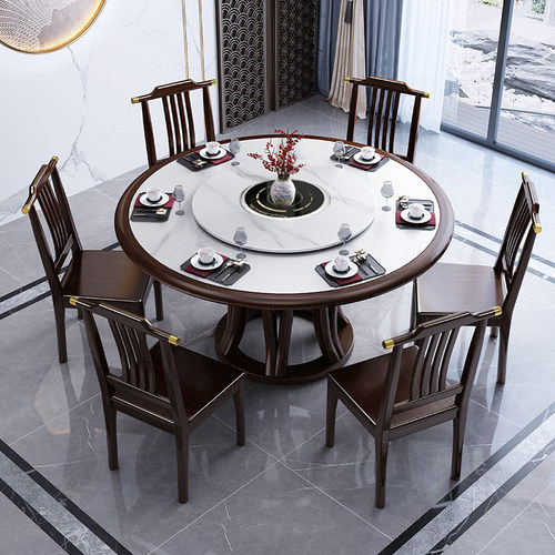 新中式实木餐桌家用圆形岩板圆桌带电磁炉12人饭桌1.8m大理石桌子