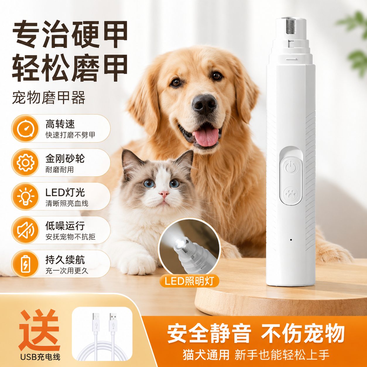 宠物磨甲器小猫狗狗指甲电动打磨器静音带灯指甲剪大小型犬猫狗用
