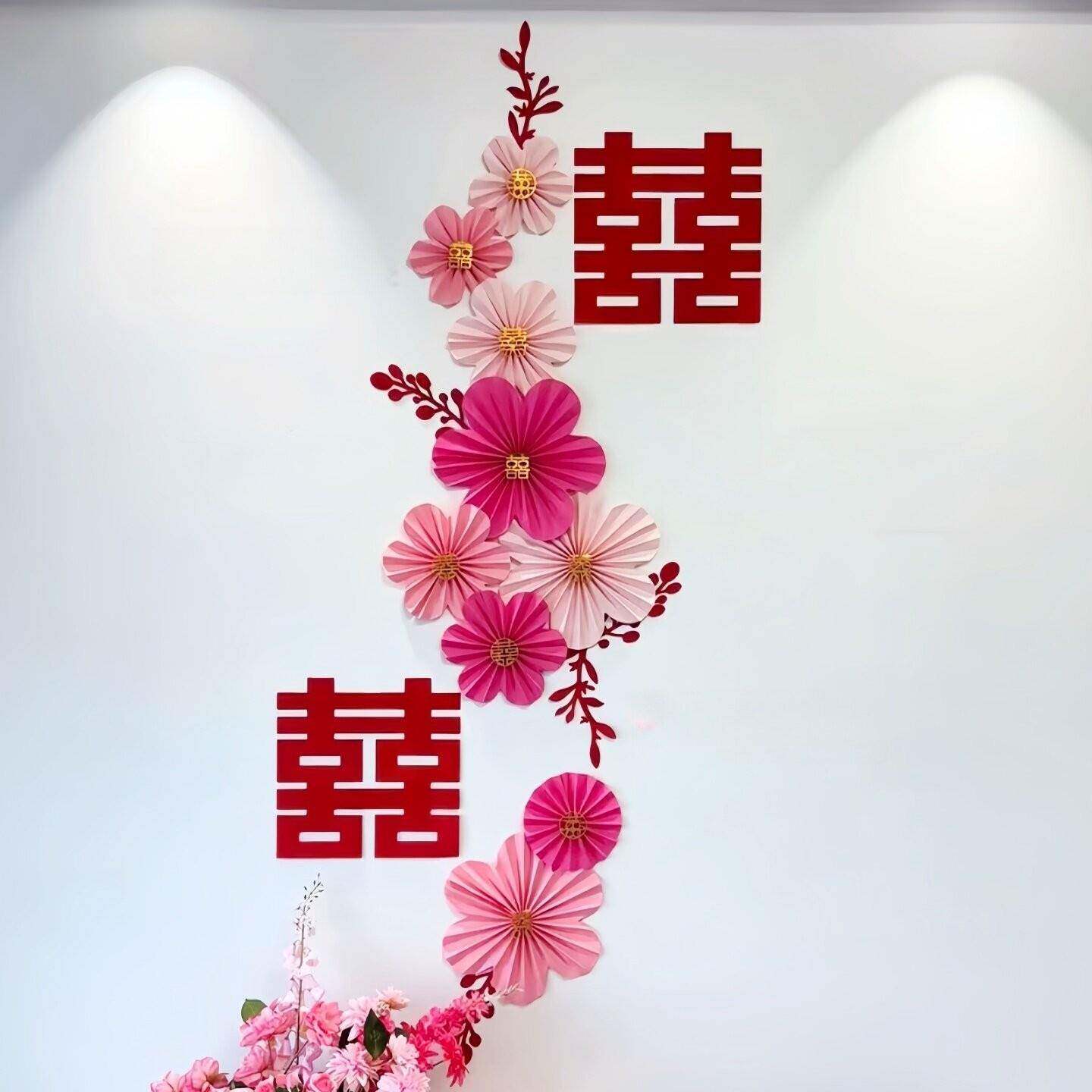 ins玫红粉色花朵纸扇花9只装派对装饰结婚房屋顶吊饰庆典布置用品