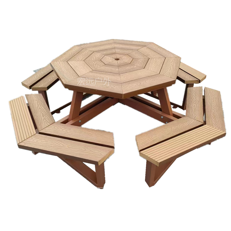 公园户外桌椅六边形组合座椅露天花园休闲套桌小区庭院塑木桌工厂