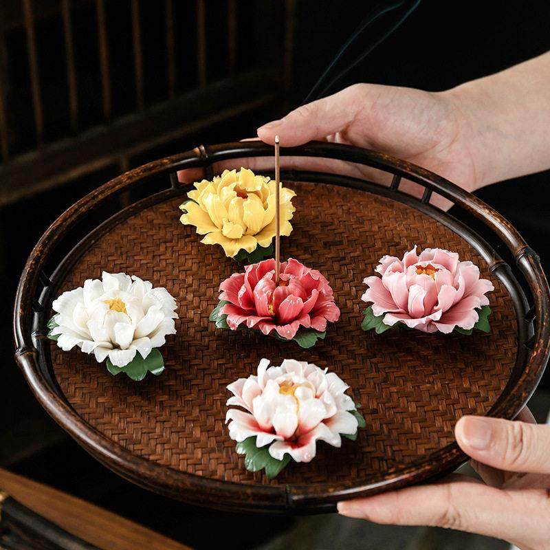 陶瓷手捏牡丹花家居客厅茶室桌面装饰工艺品饰品线香香插香炉香座,家居饰品,香托/香盘/香座/香插,淘宝优惠券,粉丝福利购,淘宝优惠卷