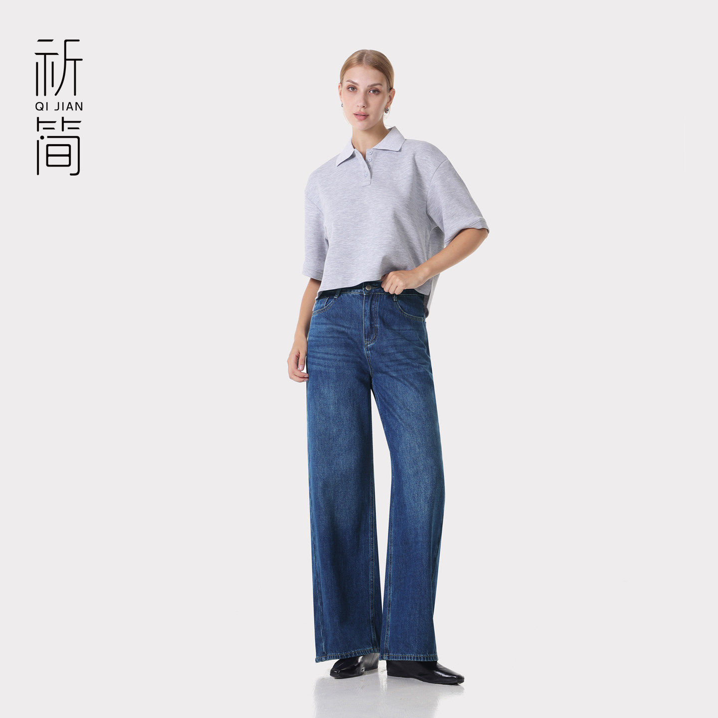 祈简蓝色直筒牛仔裤长裤女