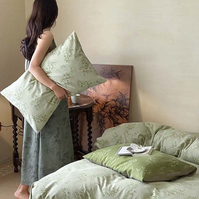 新中式提花全棉四件套 A类复古提花绿色60支纯棉色织被套床上用品
