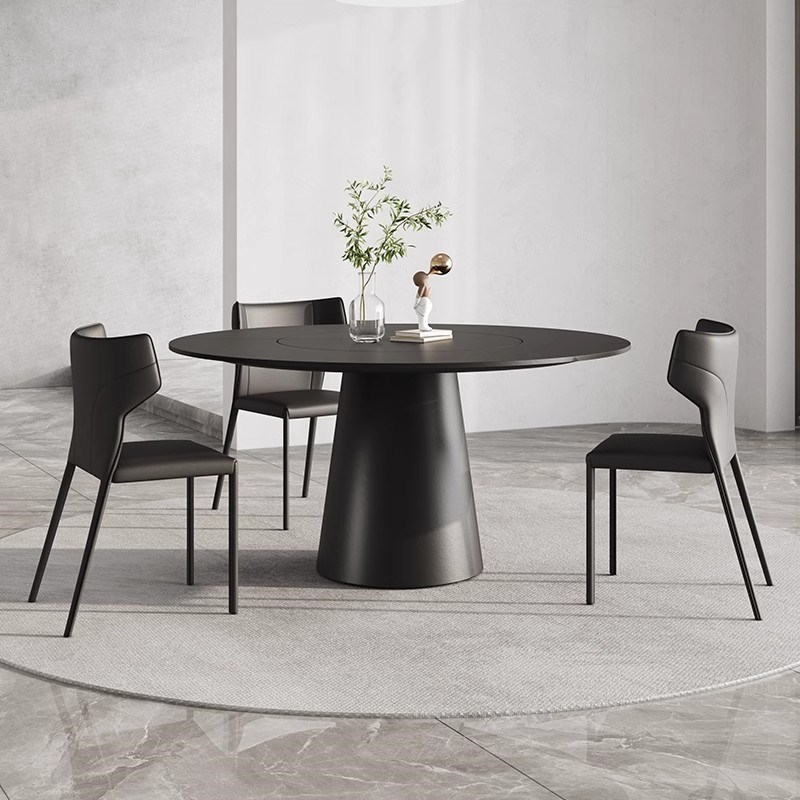 意式极简岩板圆形餐桌带内嵌转A盘黑色圆桌现代简约家用餐桌椅组