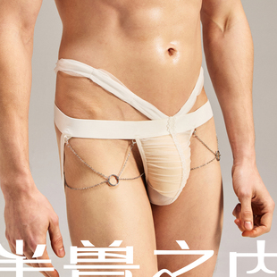 半兽之内情人节婚纱蕾丝双丁裤网纱金属配饰男士性感内裤抗菌中腰
