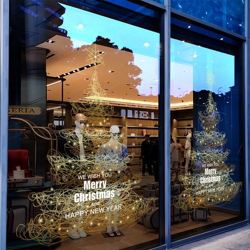 圣诞节装饰静电窗花创意线条圣诞树装扮窗贴橱窗布置玻璃贴门贴纸