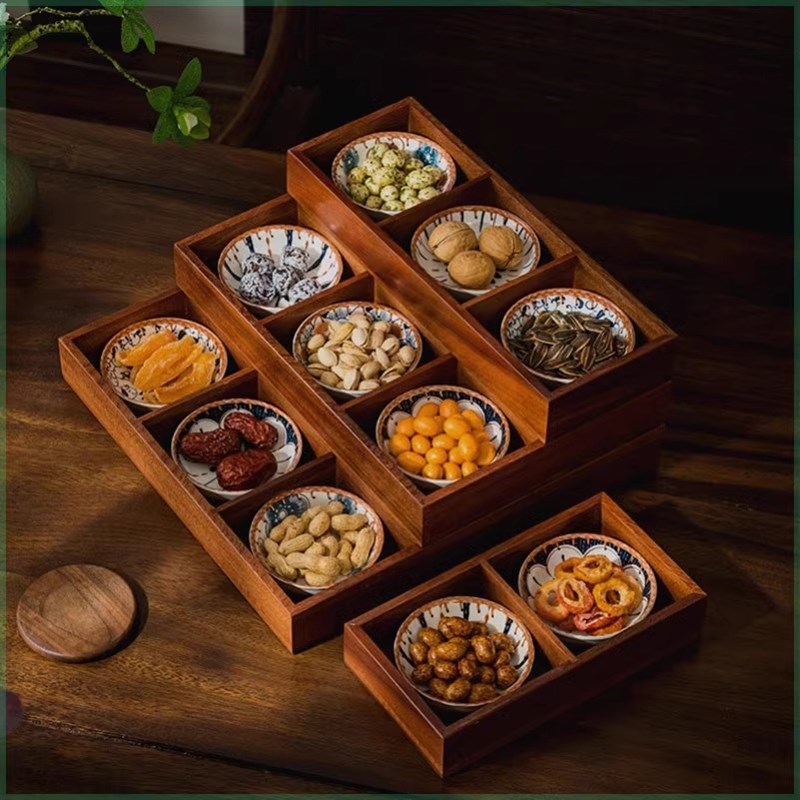 复古色九宫格家用木质托盘四宫格零食干果盘高档茶室会所点心拼盘