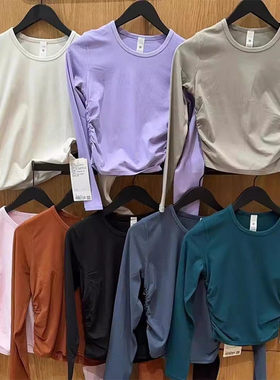 lululemon露露乐蒙罗纹长袖修身褶皱显瘦运动上衣多色瑜伽T恤女士