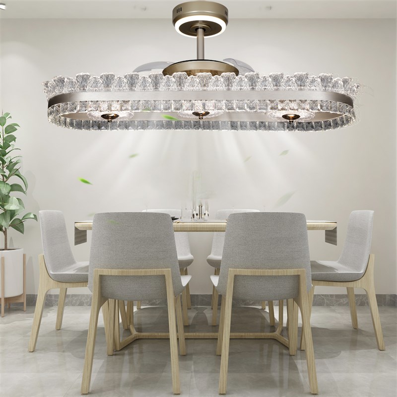 新款餐厅隐形风扇吊灯三色变光智能语音全铜变频静音电机水晶造型