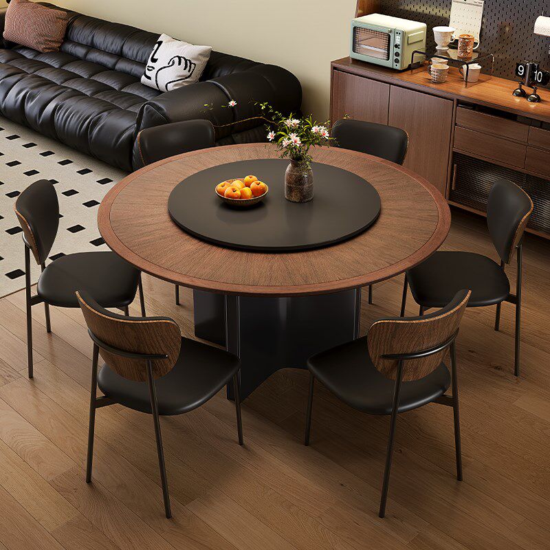 黑色复古风实木圆形餐桌家用小户型胡桃木色中古风岩板圆桌带转盘