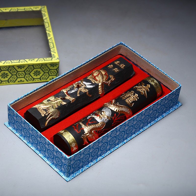 徽墨 墨条墨块墨锭文房四宝松烟墨书画墨 龙柱双锭六角形圆形墨高