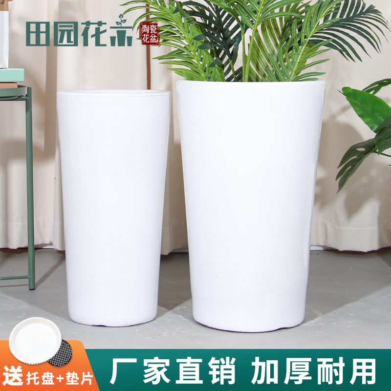 花盆陶瓷大号家用客厅阳台白色高锥形发财树绿植花瓶植物盆栽花盘
