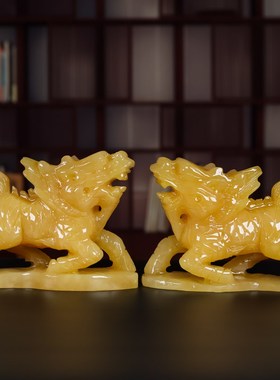 天然黄玉麒麟摆件真玉石雕刻送子麒麟家居玄关店铺公司装饰品摆放