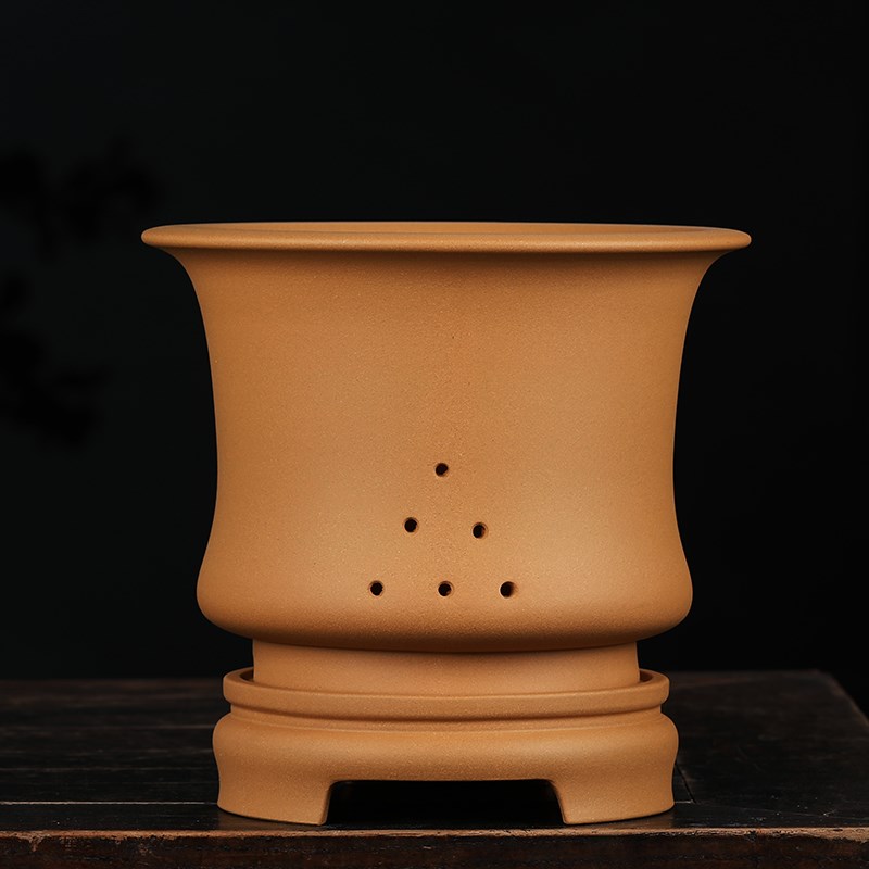 宜兴紫砂花盆 君子兰盆大号圆形透气盆景盆古典带托盘室内兰花盆