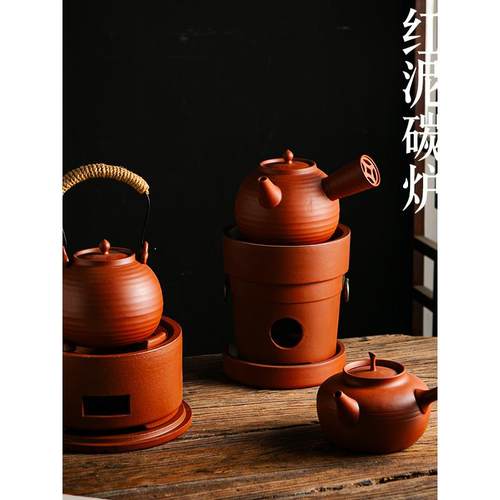 红泥覆古茶炉陶土炉子薄胎砂铫壶煮水跳盖侧把壶围炉烧水壶提梁壶