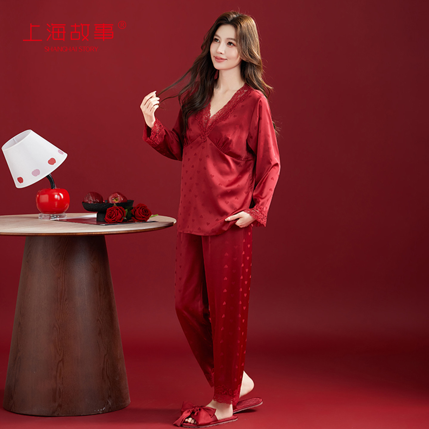 上海故事2026春夏冰丝提花红色结婚睡衣新婚情侣长袖送新人礼盒装