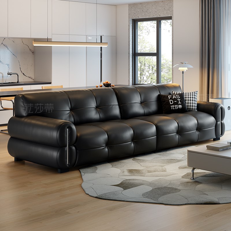 法莎蒂意式极简拉扣真皮t沙发小户型意式极简皮艺直排棉花糖沙发