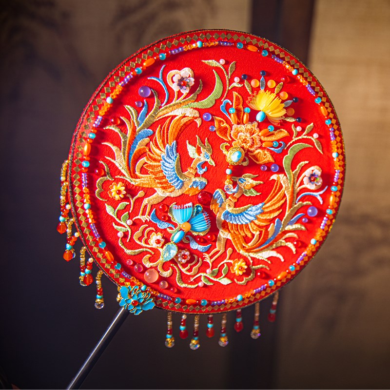 凤求凰转c朱阁原创新款团扇新娘喜扇双凤绣花手工定制法式刺绣婚