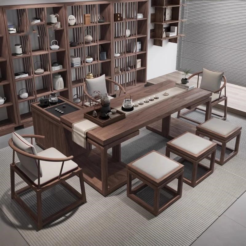 新中式黑胡桃木h茶桌椅组合2025新款高端现代茶台简约办公桌茶桌