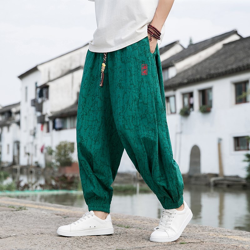 中式棉麻提花休闲裤中国风宽松大码阔腿裤男刺绣束脚哈伦裤灯笼裤