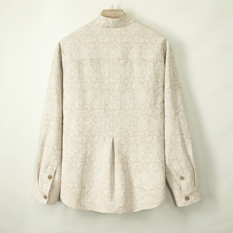 中国风男春秋休闲提花唐装衬衫中式对襟中山装长袖衬衫宽松居士服