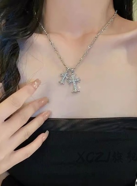 蛇年CH镶钻双十字架项链甜酷辣妹风男女欧美朋克风锁骨链情人节礼