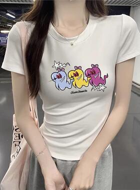 白色正肩圆领短袖t恤女夏季新款小众卡通搞怪印花休闲百搭上衣女