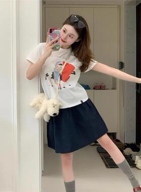 美式复古正肩短袖t恤女夏季2025韩系涂鸦印花小个子修身显瘦上衣