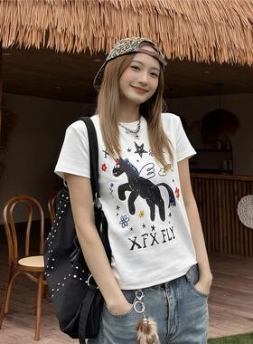 白色圆领正肩纯棉短袖T恤女夏季新款卡通小马印花休闲百搭上衣女