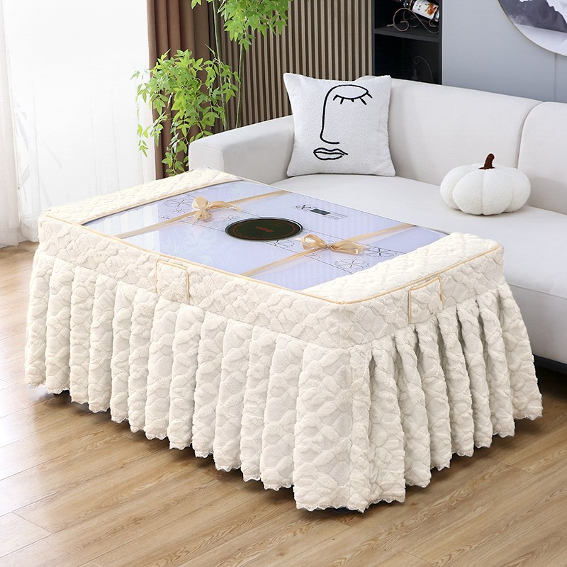 烤火桌罩冬季加厚塔芙绒裙摆式电取暖炉套奶油风长方形茶几取暖套
