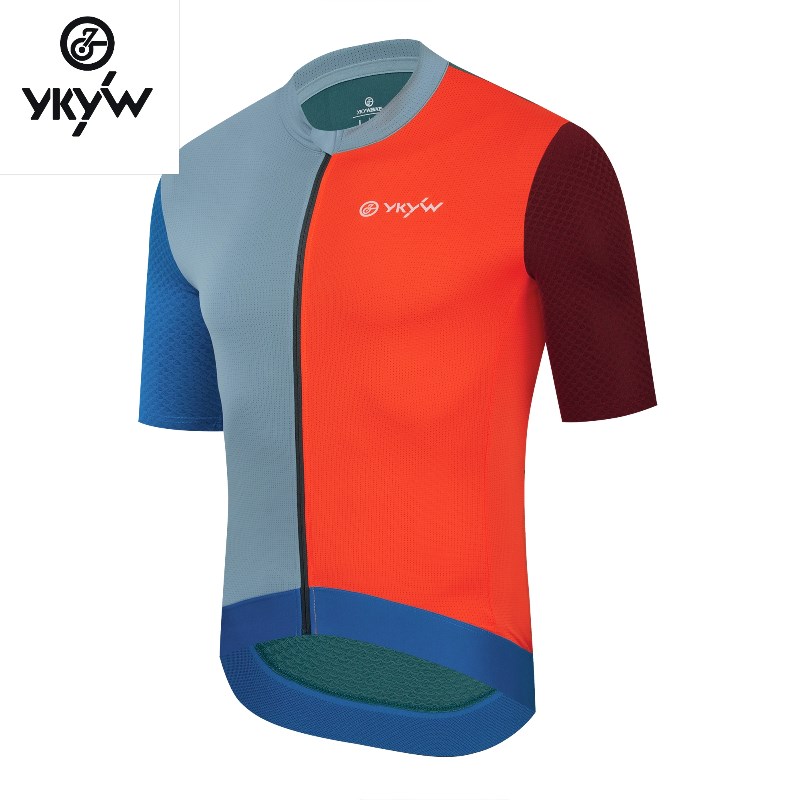 YKYW短袖骑行服男夏季新款公路自行车山地骑行多色拼接上衣服装备