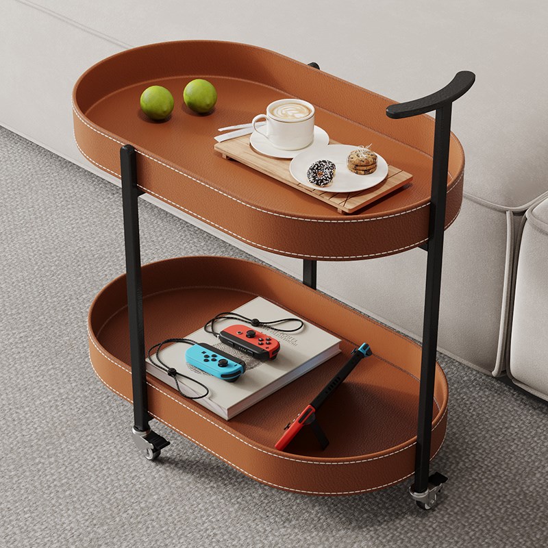 中古风马鞍皮小推车沙发边几客厅家用移动带轮茶几餐饮零食置物架