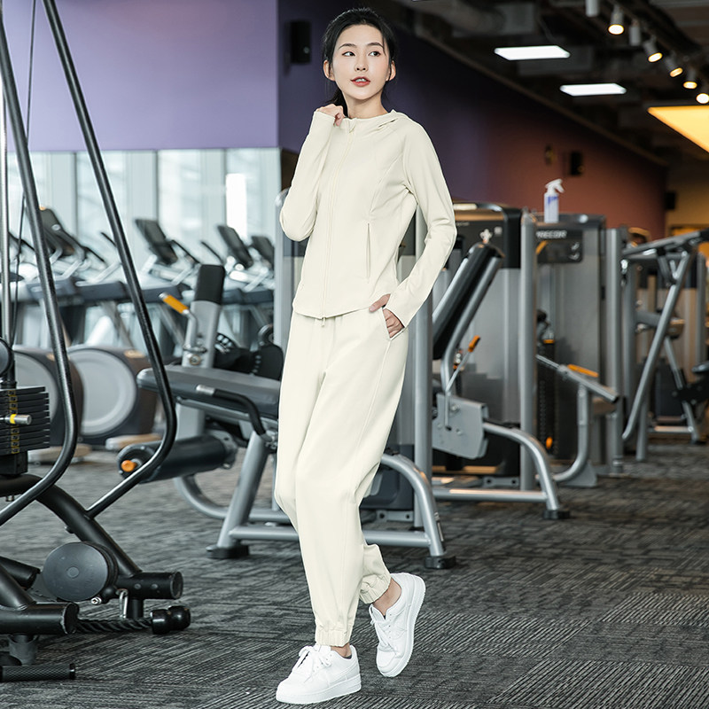 秋冬户外运动健身宽松休闲连帽加绒显瘦瑜伽服薄款套装长袖女1243