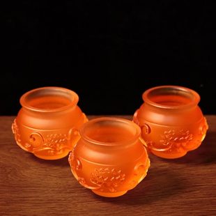 琥珀色古法琉璃水杯迷你佛前供杯净水杯莲花水杯家用圣水杯摆件