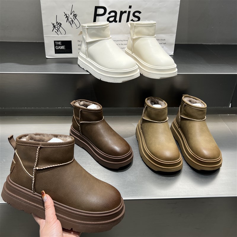 蓝尔宣真皮厚底雪地靴女2024冬季新款加绒加厚P时尚保暖百搭棉靴