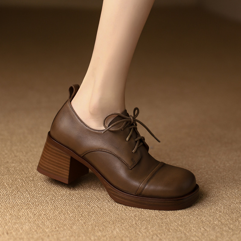 2024春新款真皮l厚底复古系带小皮鞋女粗跟松糕底圆头擦色英伦单