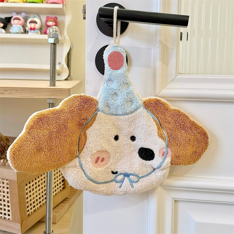 生日帽*可爱小狗擦手巾女浴室挂式小毛巾厨房Q吸水速干珊瑚绒抹布