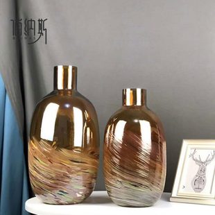 色创意家居美式 玻璃花瓶软装 餐厅摆件现代简约琥珀样板房客厅饰品